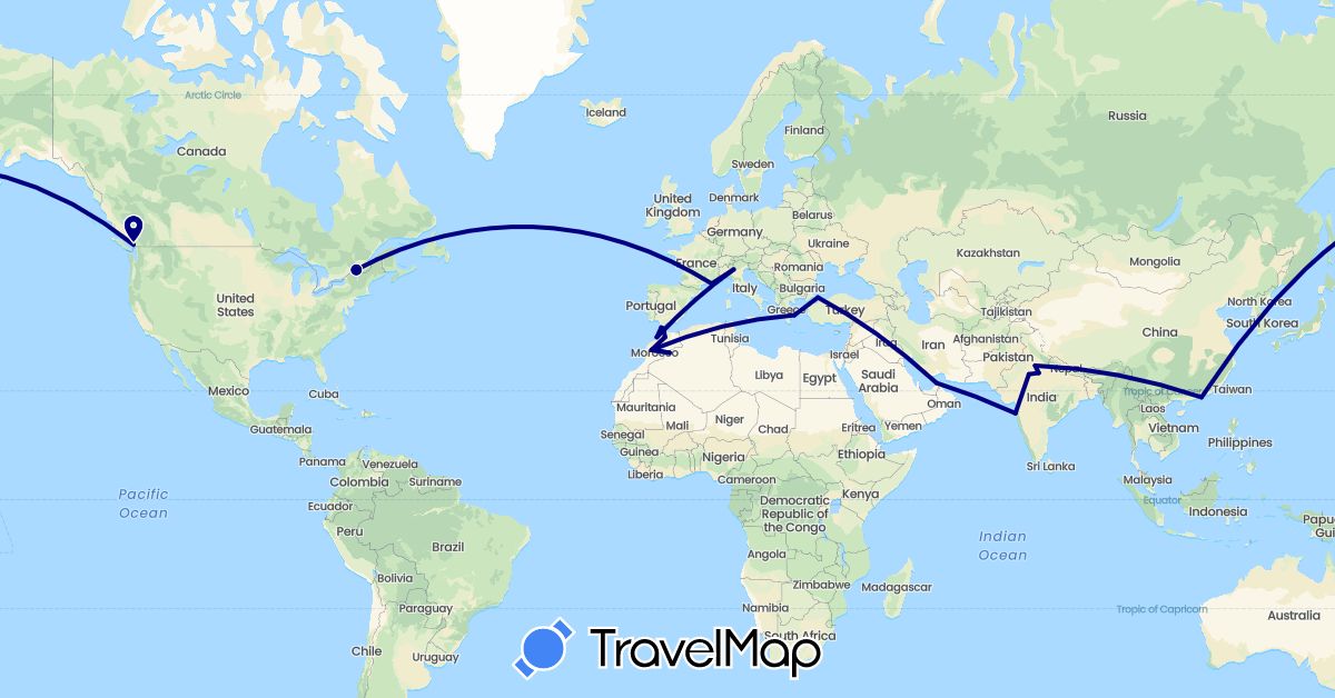 TravelMap itinerary: driving in United Arab Emirates, Canada, France, Greece, Hong Kong, India, Italy, Morocco, Turkey (Africa, Asia, Europe, North America)